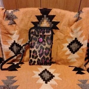 Coach Leopard Print Wristlet with Pink Button